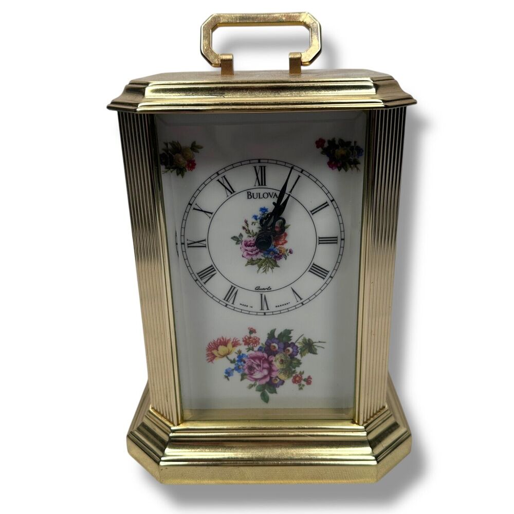Vintage Bulova Floral Anniversary Mantle Carriage Clock Quartz‎ B 2093 Gold Tone
